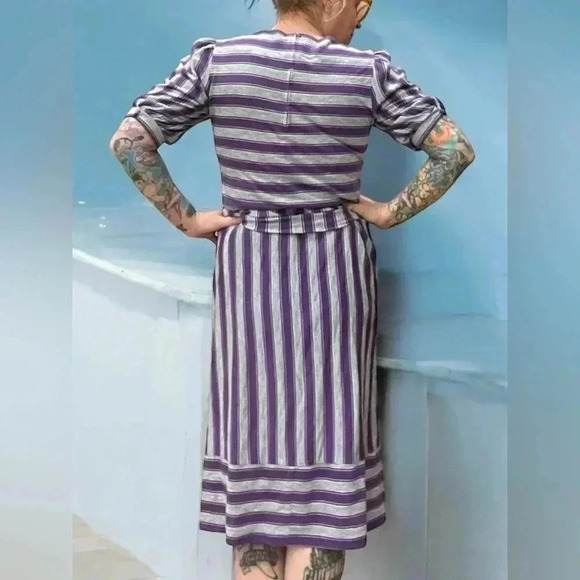 Vintage 80's,Gray & purple Striped,Midi Dress with 3/4 Sleeves-M - Picture 11 of 12